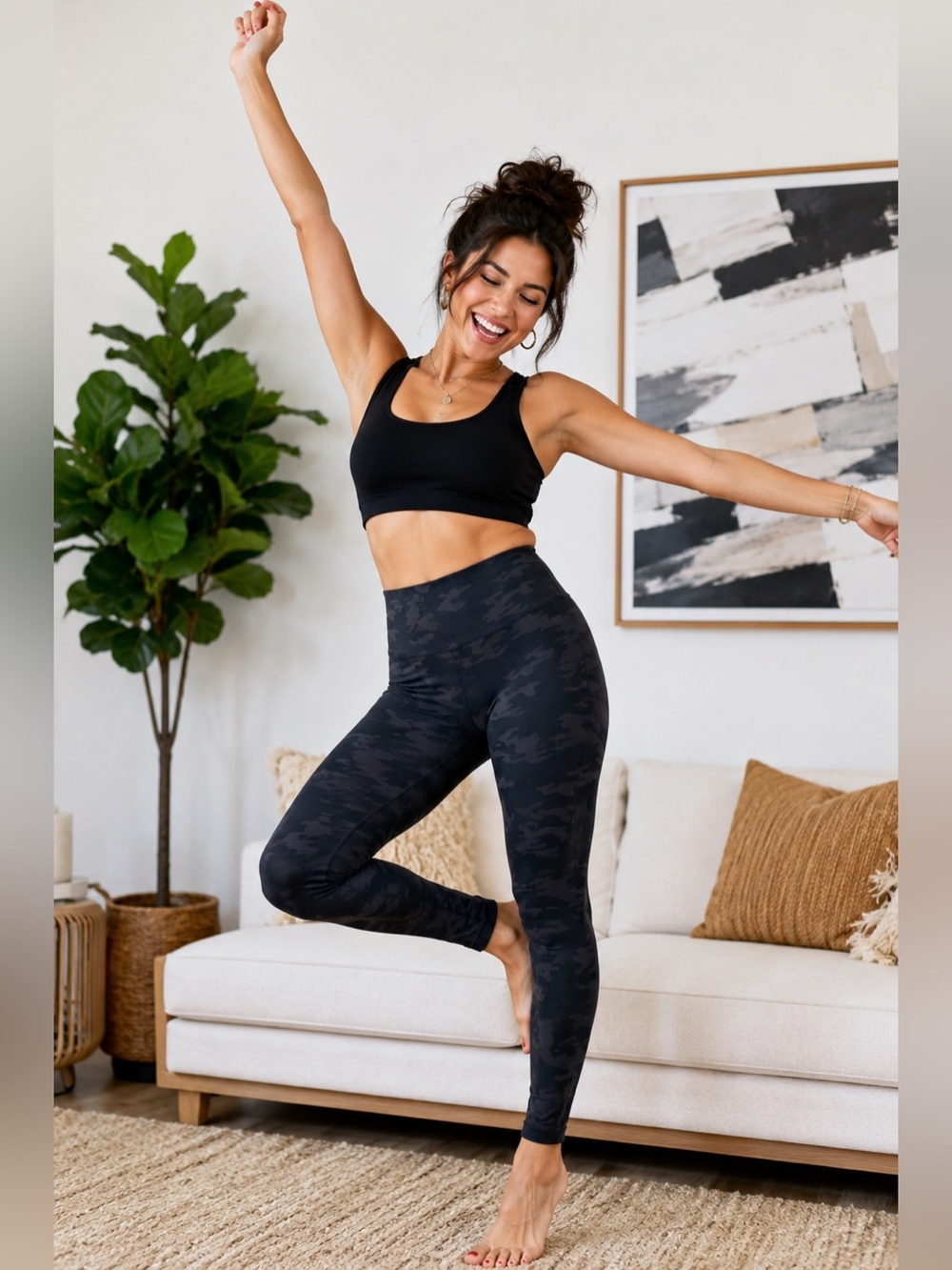 SPANX LOOK AT ME NOW WOMEN’S BLACK GRAY CAMO LEGGINGS SIZE LARGE